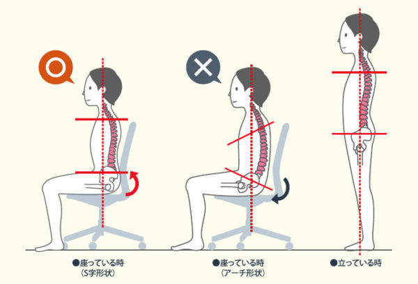 コクヨ　ビジネスチェアの説明図　正しい脊椎の角度