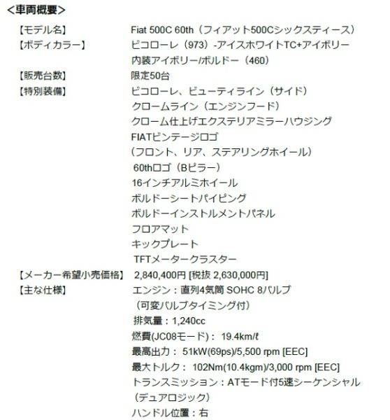 フィアット　500C 60th（シックスティース）　諸元表