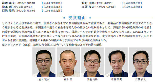 自動車技術会第68回自動車技術会賞　技術開発賞　スズキ　岩本雅夫氏　松本明氏　河邑尚弥氏　牧野明男氏　江頭良太氏