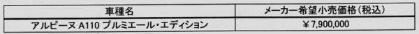 アルピーヌ　A110　価格表
