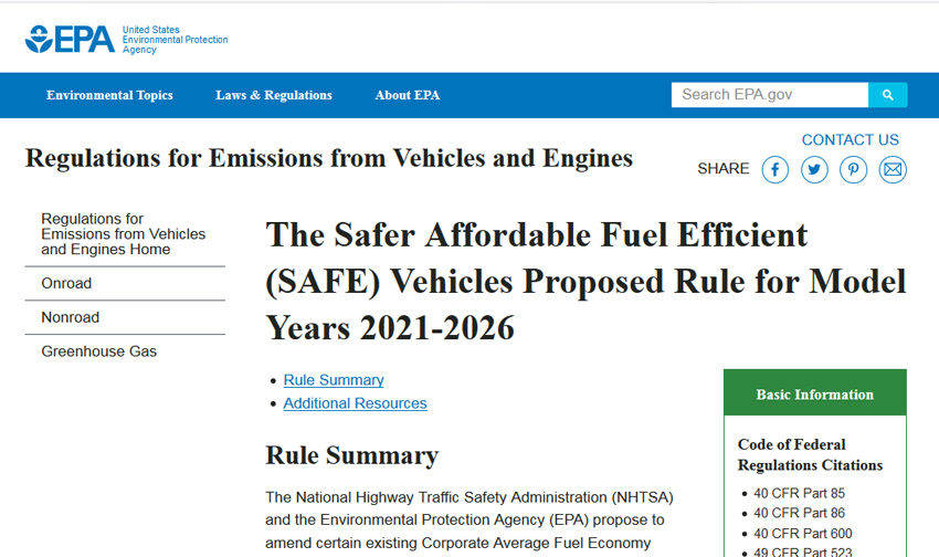 環境保護庁(EPA)、運輸省が打ち出した新方針「SAFEビークル2021-2026案」