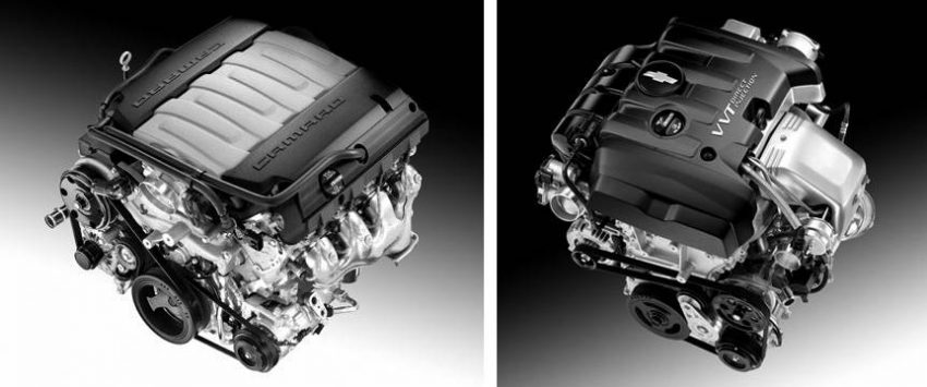 LT1型V8（左）と4気筒直噴ターボのLE1型エンジン