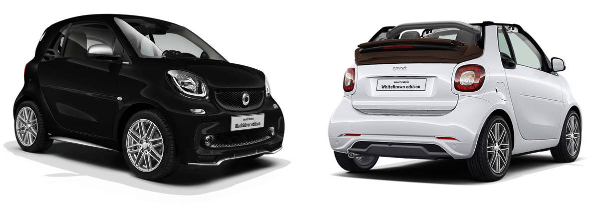 smart fortwo BlackSilver edition（左側）とsmart cabrio WhiteBrown edition（右側)