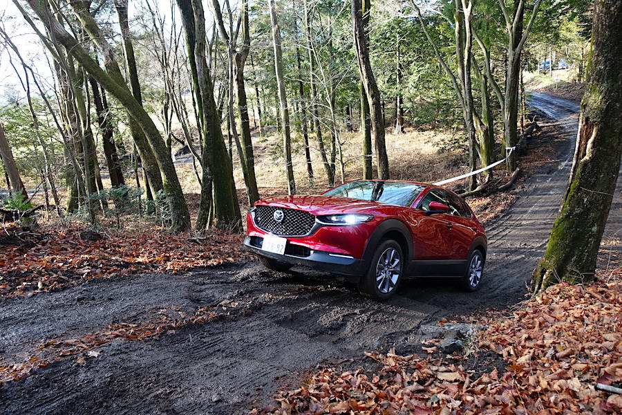 CX-30。タイヤはノーマル。AWDはオンデマンド式だから4WDのスイッチはないが普通に登る