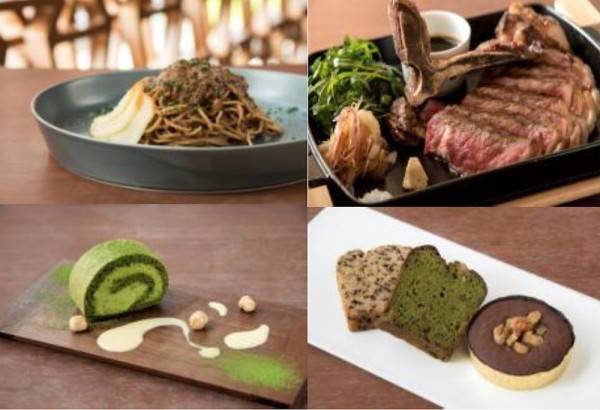 写真左上から時計回りに「低糖質パスタ」「Lボーンステーキ」「ロカボスイーツ3点詰め合わせ」「抹茶ロールケーキ」