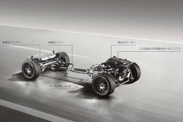 エンジンとモーターの駆動力をドライブシャフトを介して後輪に伝える。リチウムイオンバッテリーはトランク床下に搭載