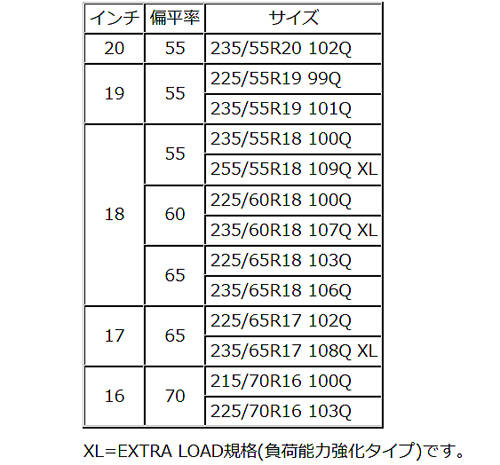 ダンロップ　ウインターMAXX 02　サイズ表
