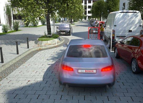 ボッシュ　モビリティ エクスペリエンス　自動運転時の周辺認識イメージ図