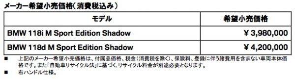 BMW 新型1シリーズ限定車　118i M Sport Edition Shadow　118d M Sport Edition Shadow　価格表
