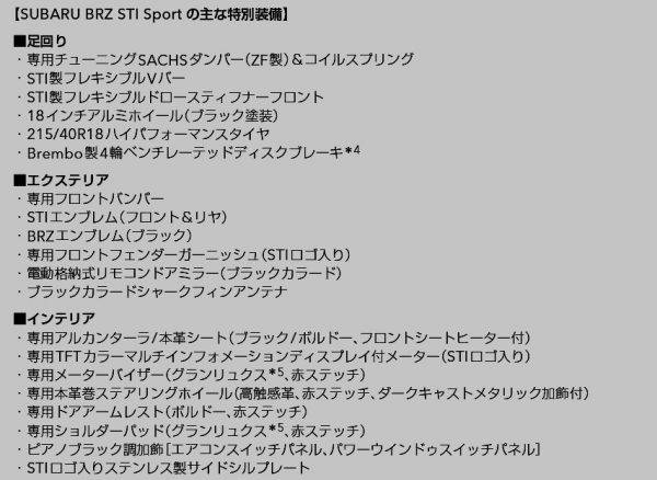 スバル　BRZ　STIスポーツ　装備表